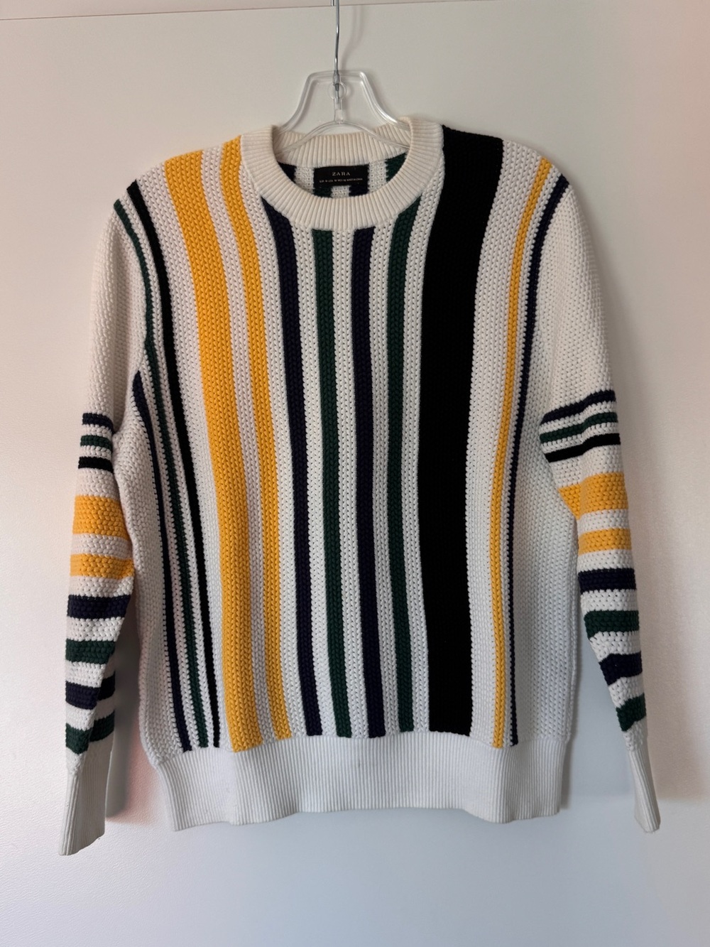 Zara Men’s White Crewneck Sweater with Yellow, Black, Navy & Green Stripes